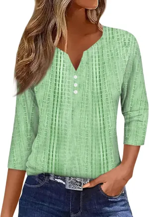 3/4 Length Sleeve Womens Tops 2025 Summer Henley Neck Shirts Three Quarter Sleeve Tshirts