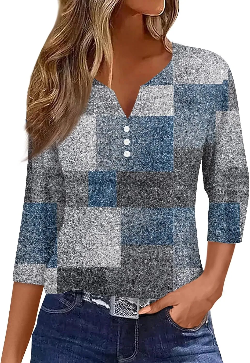 3/4 Length Sleeve Womens Tops 2025 Summer Henley Neck Shirts Three Quarter Sleeve Tshirts