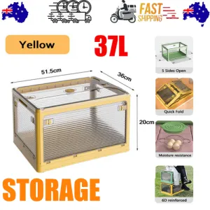 37L Yellow Storage Container | Stackable | 5 Sides Open Top Lid | Transparent Foldable