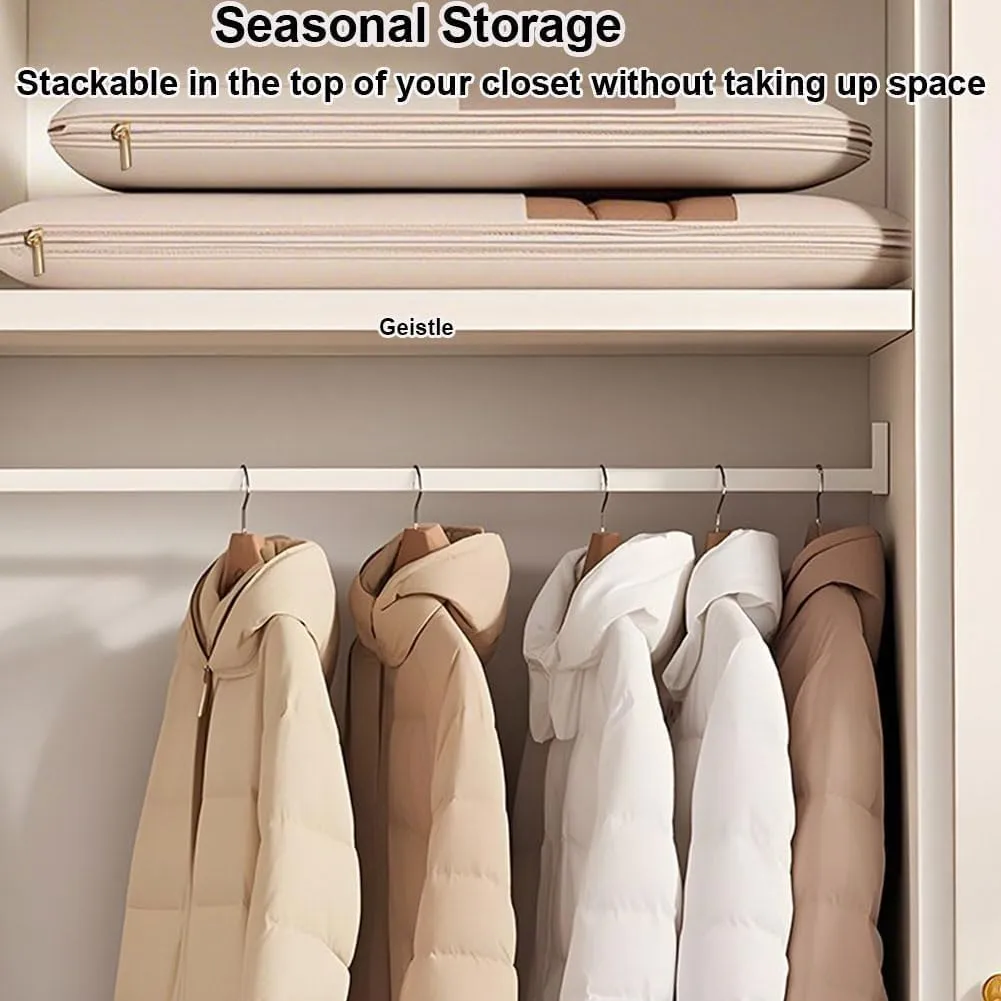 3PCS Beige Space Saving Hanging Clothes Bag with Self Compression Zipper for Travel Closet OrganizersBeige, large, medium and small size three piece set