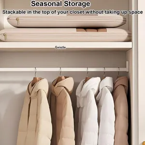 3PCS Beige Space Saving Hanging Clothes Bag with Self Compression Zipper for Travel Closet OrganizersBeige, large, medium and small size three piece set