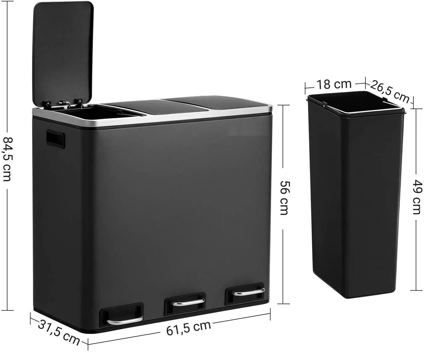 3x18L Kitchen Recycling Bins | Black