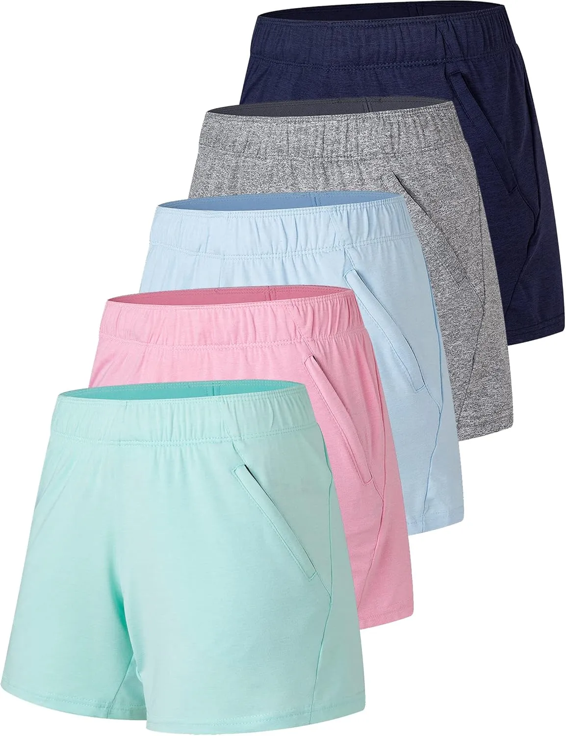 5 Pack: Womens Workout Gym Shorts Casual Lounge Set, Ladies Active Athletic Apparel with Zipper Pockets