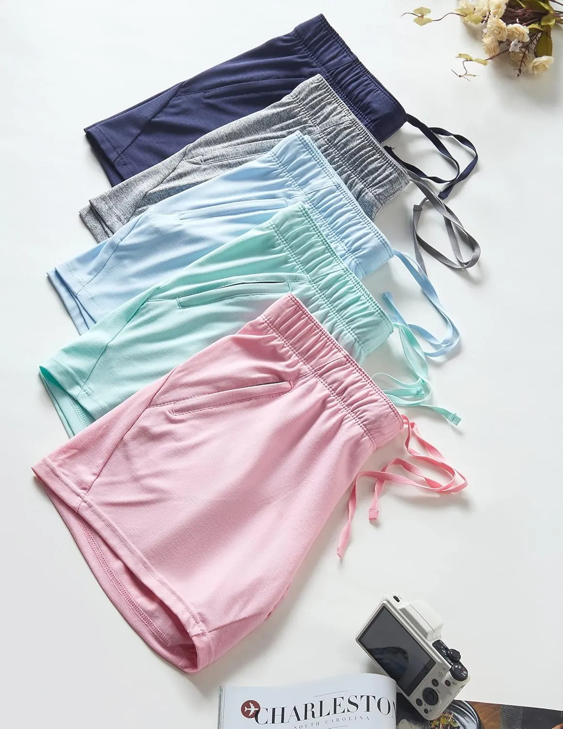 5 Pack: Womens Workout Gym Shorts Casual Lounge Set, Ladies Active Athletic Apparel with Zipper Pockets