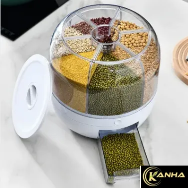 6-Compartment Rice Grain Dry Food Dispenser with Measuring Cup.