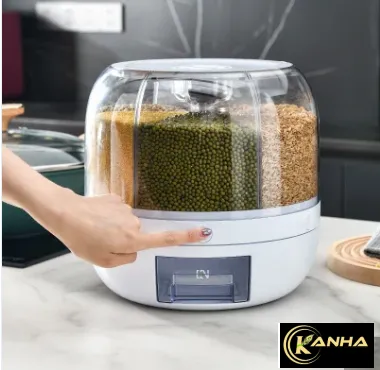 6-Compartment Rice Grain Dry Food Dispenser with Measuring Cup.