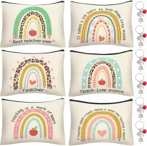 6 Pcs Teacher Appreciation Gifts in Bulk Makeup Bags for Women 2 Styles Teacher Canvas Pencil Bags Travel Toiletry Case with Zipper Gift for Teacher's Day Graduation Back to School