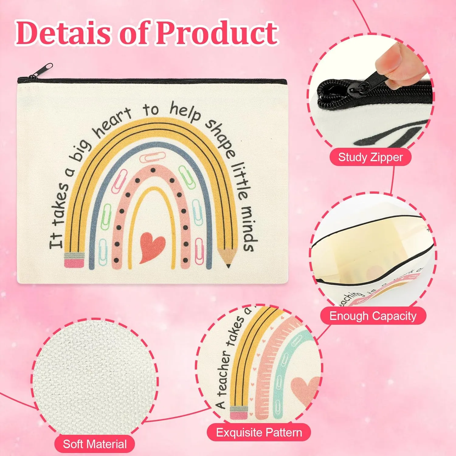 6 Pcs Teacher Appreciation Gifts in Bulk Makeup Bags for Women 2 Styles Teacher Canvas Pencil Bags Travel Toiletry Case with Zipper Gift for Teacher's Day Graduation Back to School