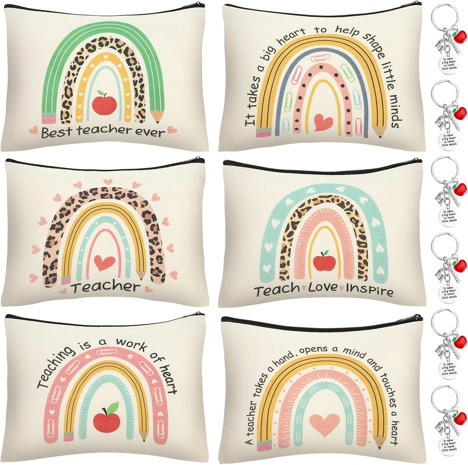 6 Pcs Teacher Appreciation Gifts in Bulk Makeup Bags for Women 2 Styles Teacher Canvas Pencil Bags Travel Toiletry Case with Zipper Gift for Teacher's Day Graduation Back to School