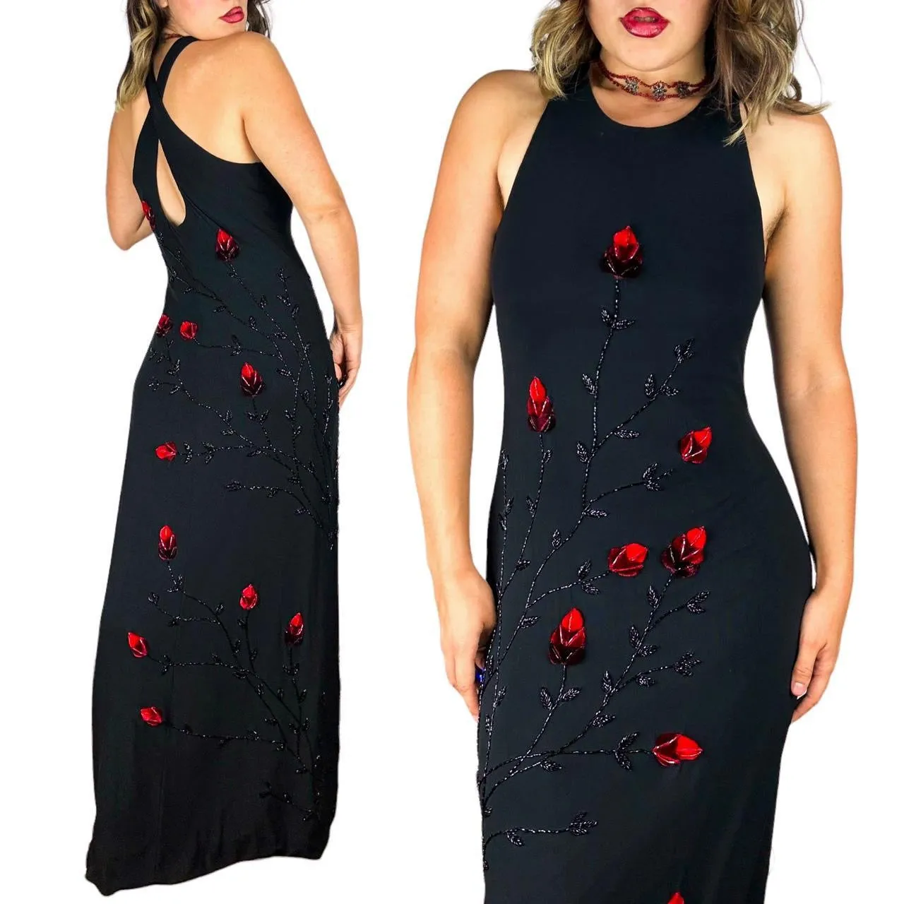 90s Beaded Floral Mesh Gown (M)