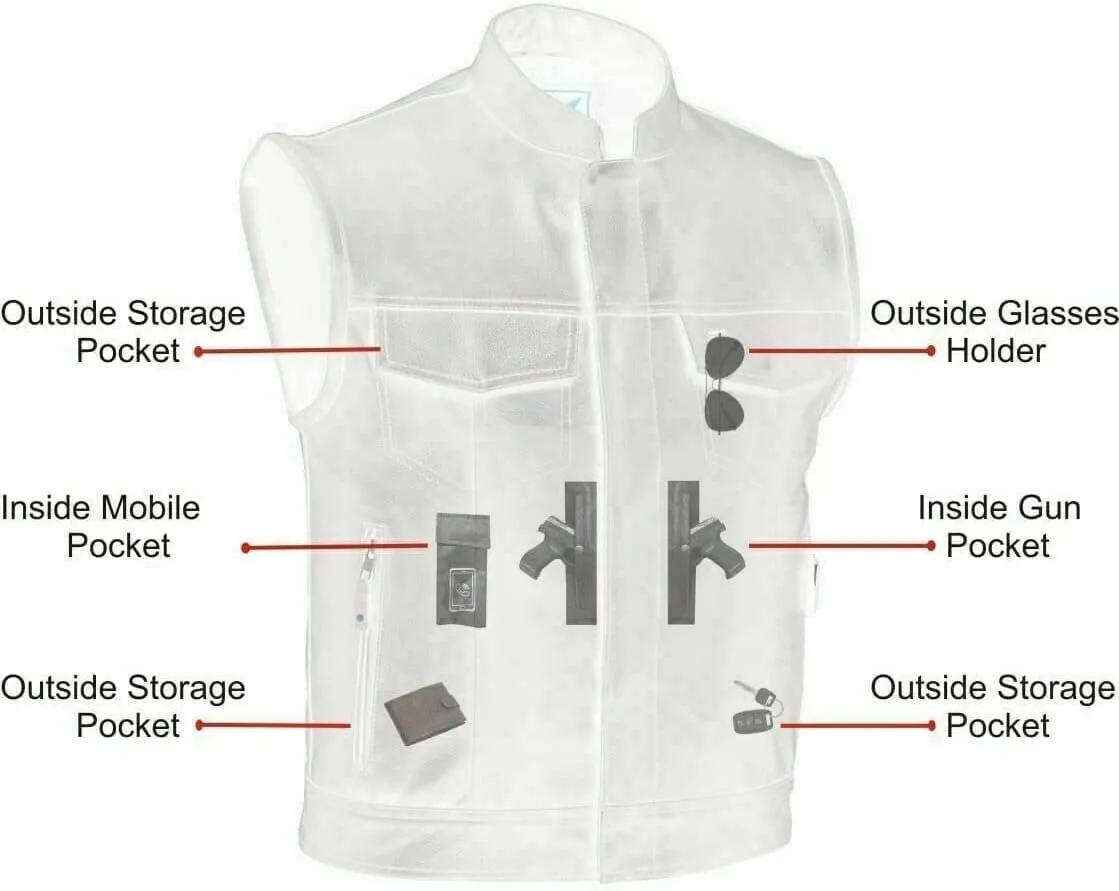 A&H Apparel Mens Genuine Cowhide Leather Biker Vest Motorcycle Gear Concealed Carry Pockets Sleeveless Motorwear