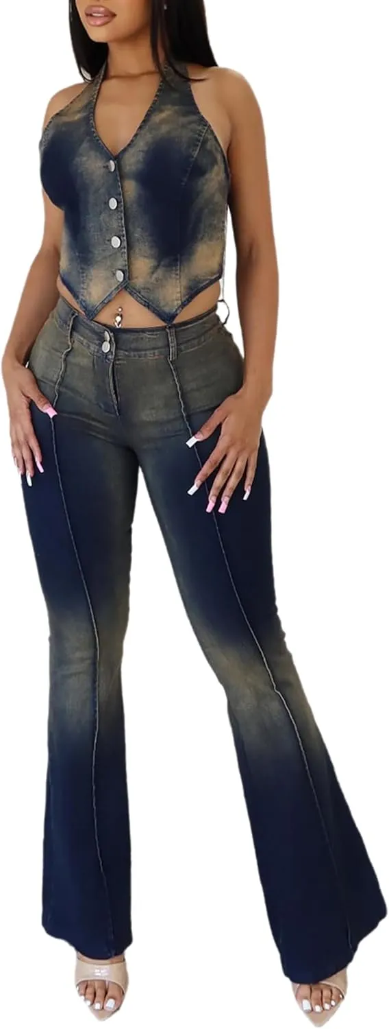 acelyn Womens Denim Set Vintage Denim Stretch Halter Top and Flare Jeans Outfits Summer Two Piece Outfits Dressy Pants Suits