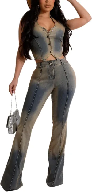 acelyn Womens Denim Set Vintage Denim Stretch Halter Top and Flare Jeans Outfits Summer Two Piece Outfits Dressy Pants Suits