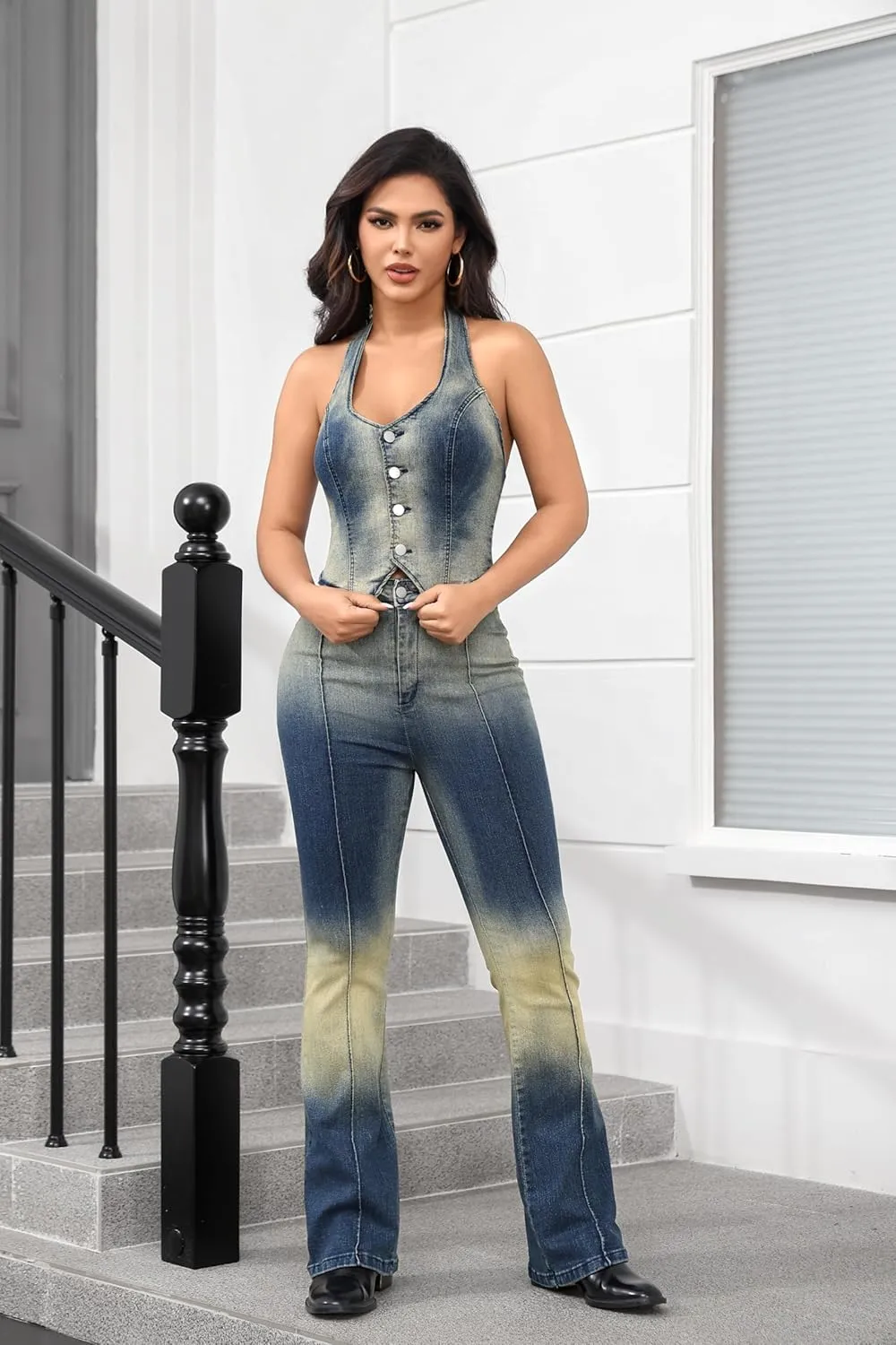 acelyn Womens Denim Set Vintage Denim Stretch Halter Top and Flare Jeans Outfits Summer Two Piece Outfits Dressy Pants Suits