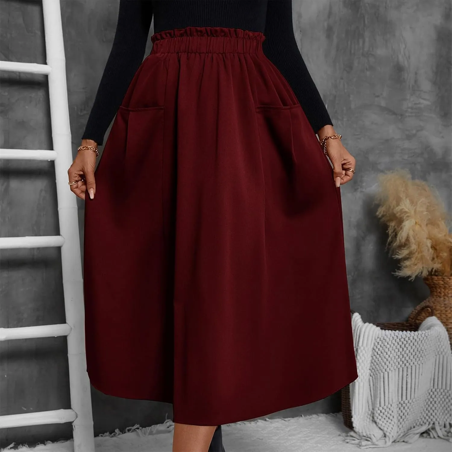 ADHOWBEW Boho Skirts for Women Casual Elastic Waist Flowy High Waist Cotton Smocked Bohemian Sexy Trendy Skirts