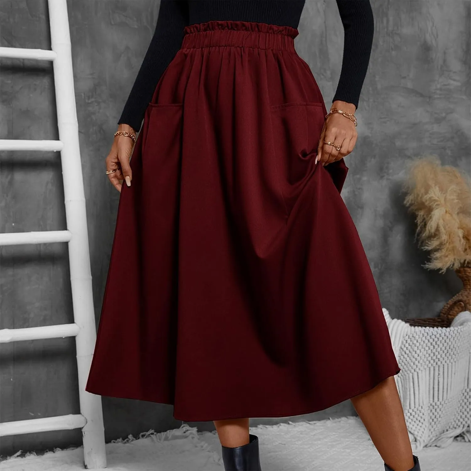 ADHOWBEW Boho Skirts for Women Casual Elastic Waist Flowy High Waist Cotton Smocked Bohemian Sexy Trendy Skirts