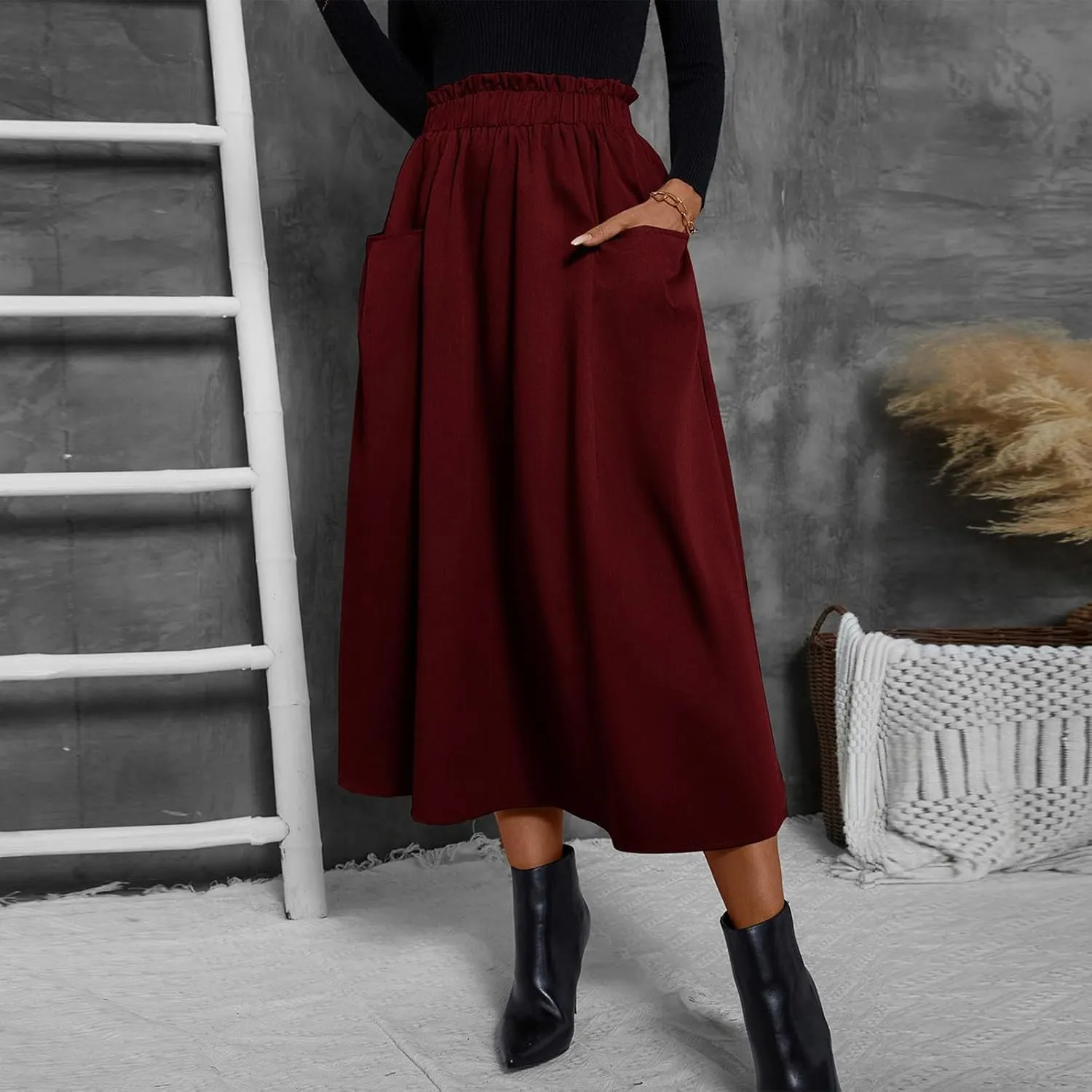 ADHOWBEW Boho Skirts for Women Casual Elastic Waist Flowy High Waist Cotton Smocked Bohemian Sexy Trendy Skirts