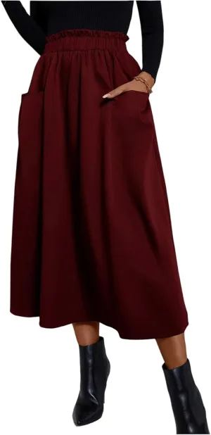 ADHOWBEW Boho Skirts for Women Casual Elastic Waist Flowy High Waist Cotton Smocked Bohemian Sexy Trendy Skirts