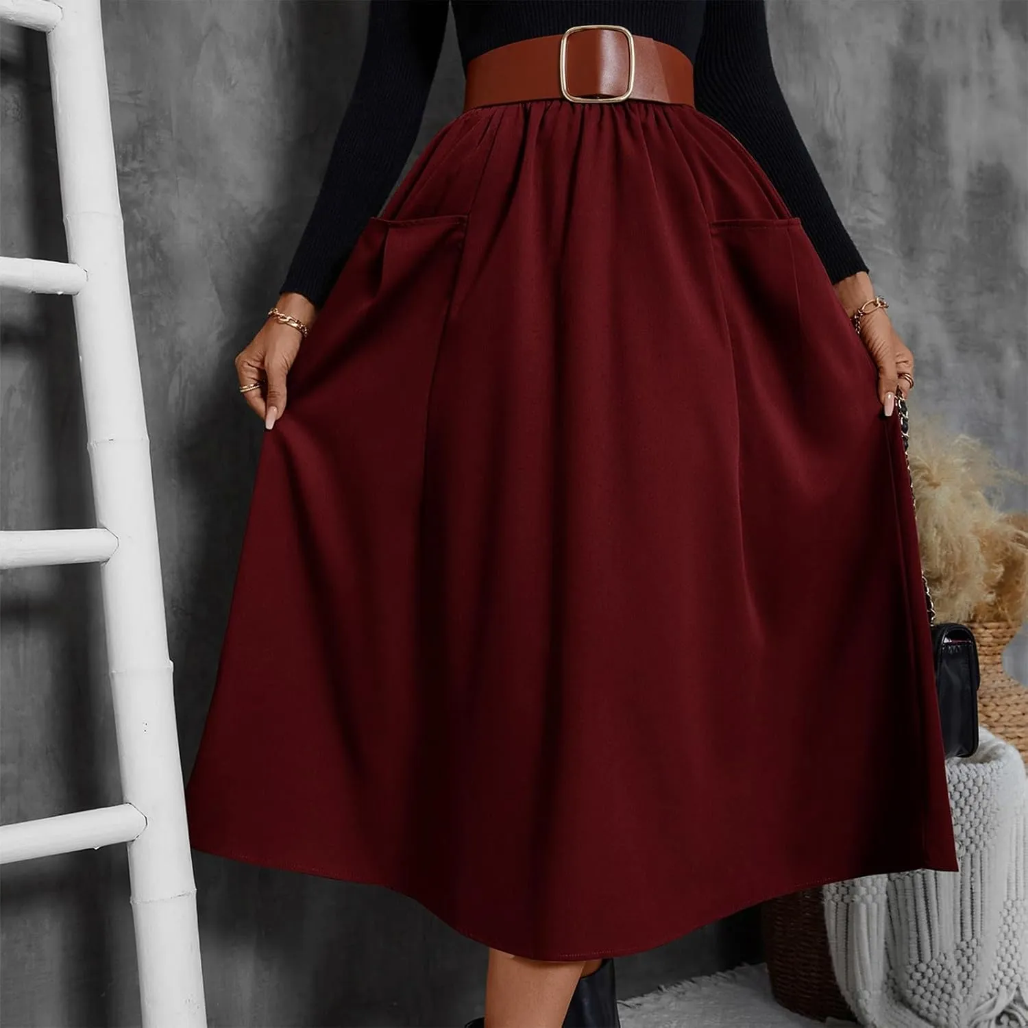 ADHOWBEW Boho Skirts for Women Casual Elastic Waist Flowy High Waist Cotton Smocked Bohemian Sexy Trendy Skirts