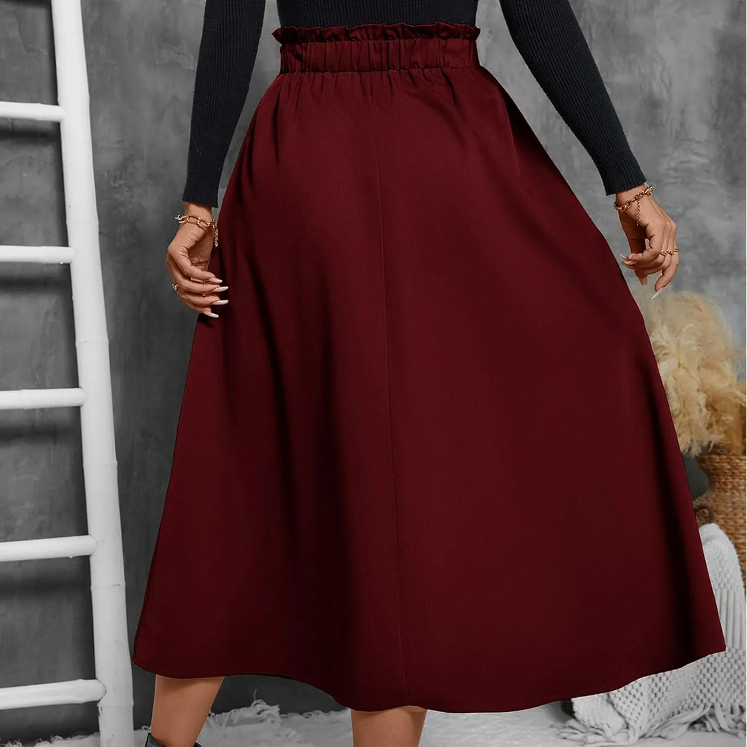ADHOWBEW Boho Skirts for Women Casual Elastic Waist Flowy High Waist Cotton Smocked Bohemian Sexy Trendy Skirts