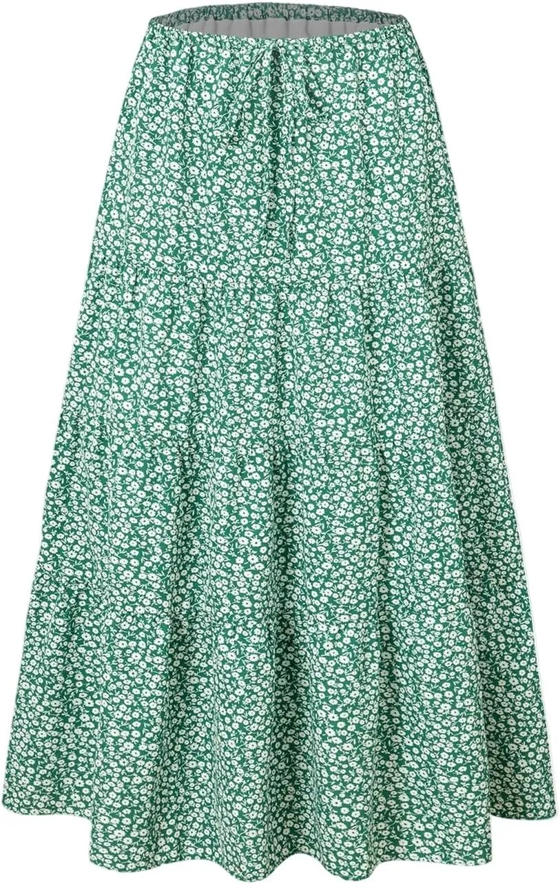 ADHOWBEW Midi Skirts for Women Summer Elastic Waist High Waist Casual Sexy Flowy Beach Bohemian Skirts