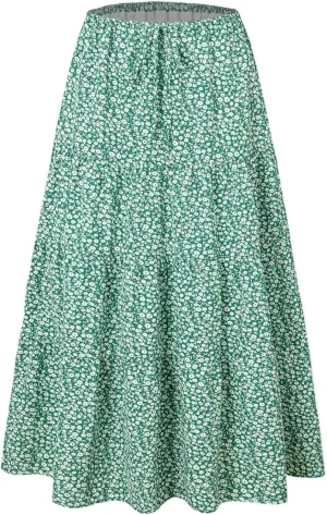 ADHOWBEW Midi Skirts for Women Summer Elastic Waist High Waist Casual Sexy Flowy Beach Bohemian Skirts