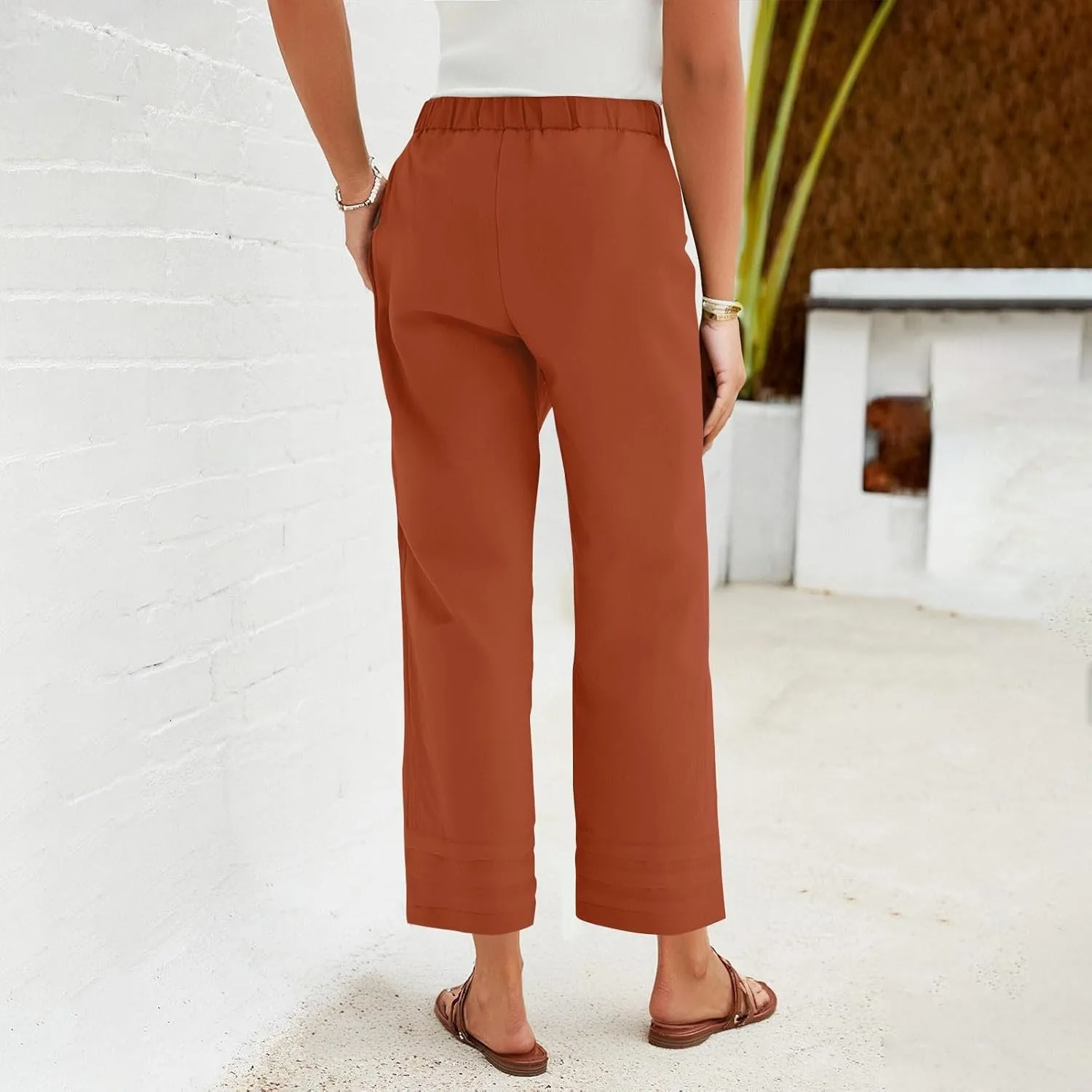 ADHOWBEW Womens Linen Pants Baggy Cotton Lounge Plus Size Elastic Waist Wide Leg Boho Casual Trousers with Pockets