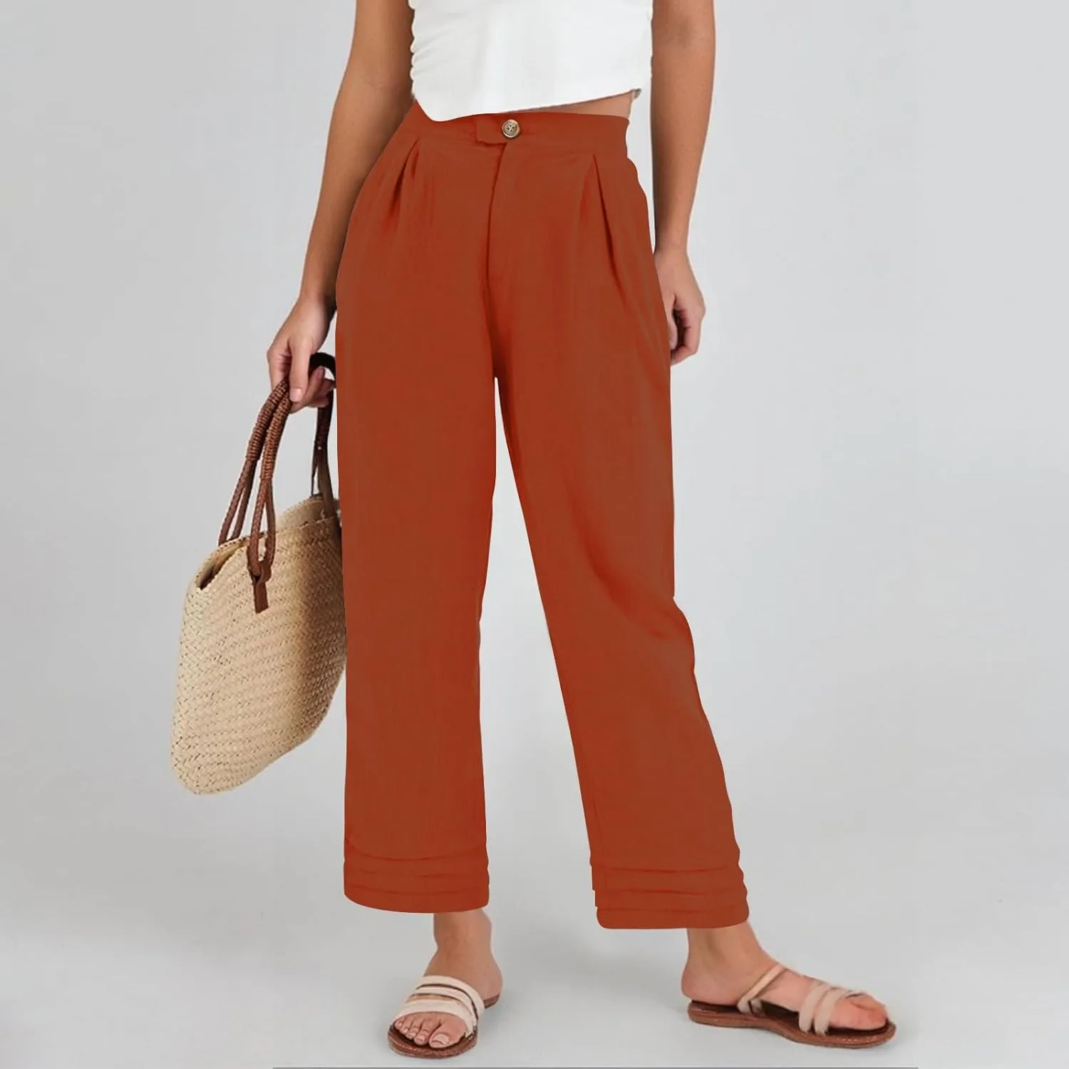 ADHOWBEW Womens Linen Pants Baggy Cotton Lounge Plus Size Elastic Waist Wide Leg Boho Casual Trousers with Pockets