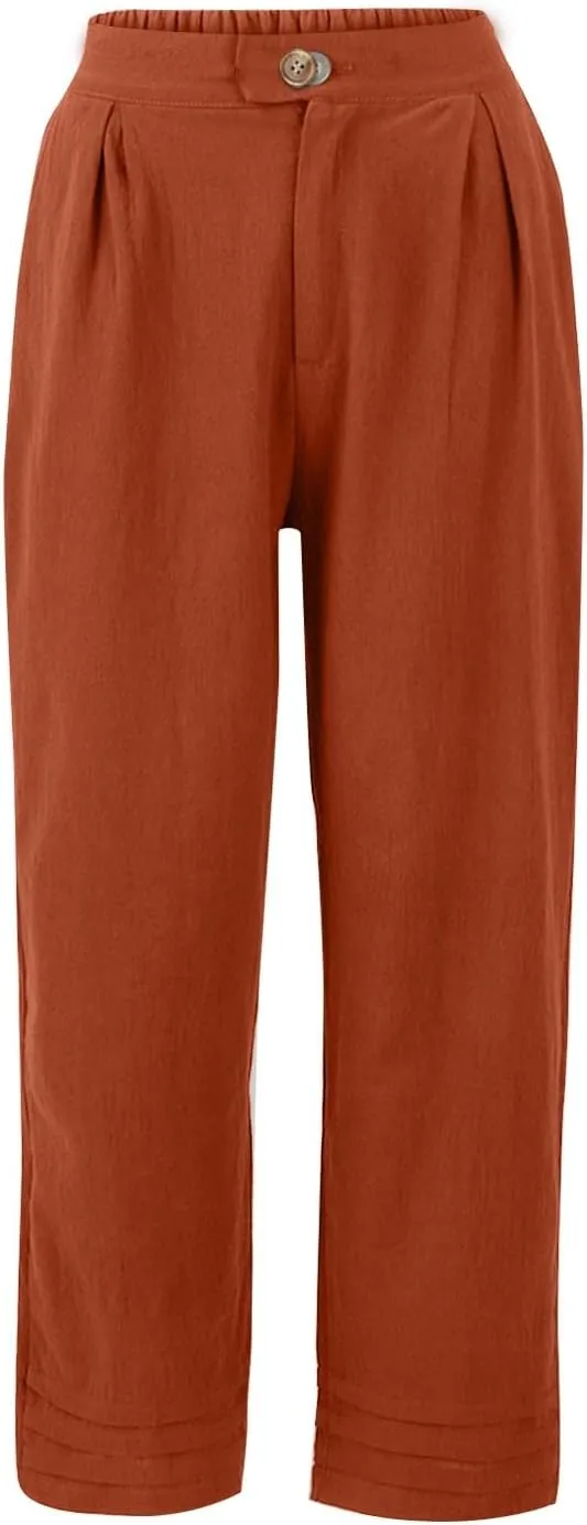ADHOWBEW Womens Linen Pants Baggy Cotton Lounge Plus Size Elastic Waist Wide Leg Boho Casual Trousers with Pockets