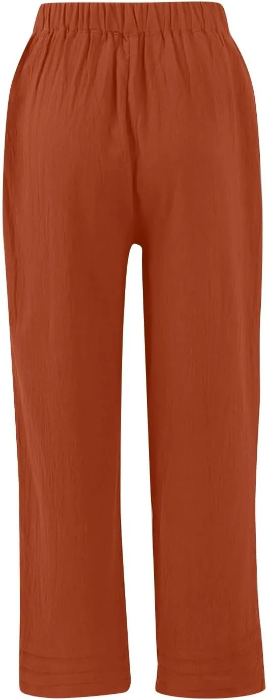 ADHOWBEW Womens Linen Pants Baggy Cotton Lounge Plus Size Elastic Waist Wide Leg Boho Casual Trousers with Pockets