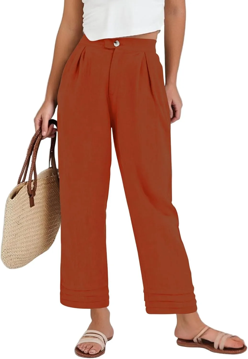 ADHOWBEW Womens Linen Pants Baggy Cotton Lounge Plus Size Elastic Waist Wide Leg Boho Casual Trousers with Pockets