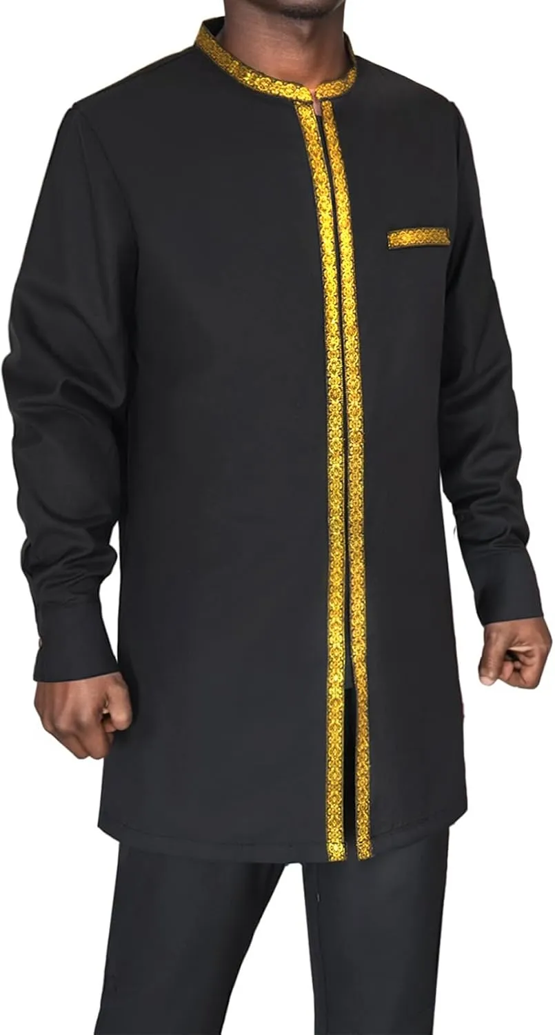 African Suit for Men Dashiki Shirt Pants 2 Piece Set Gold Embroidery Party Outfits Ethnic Tribal Attire