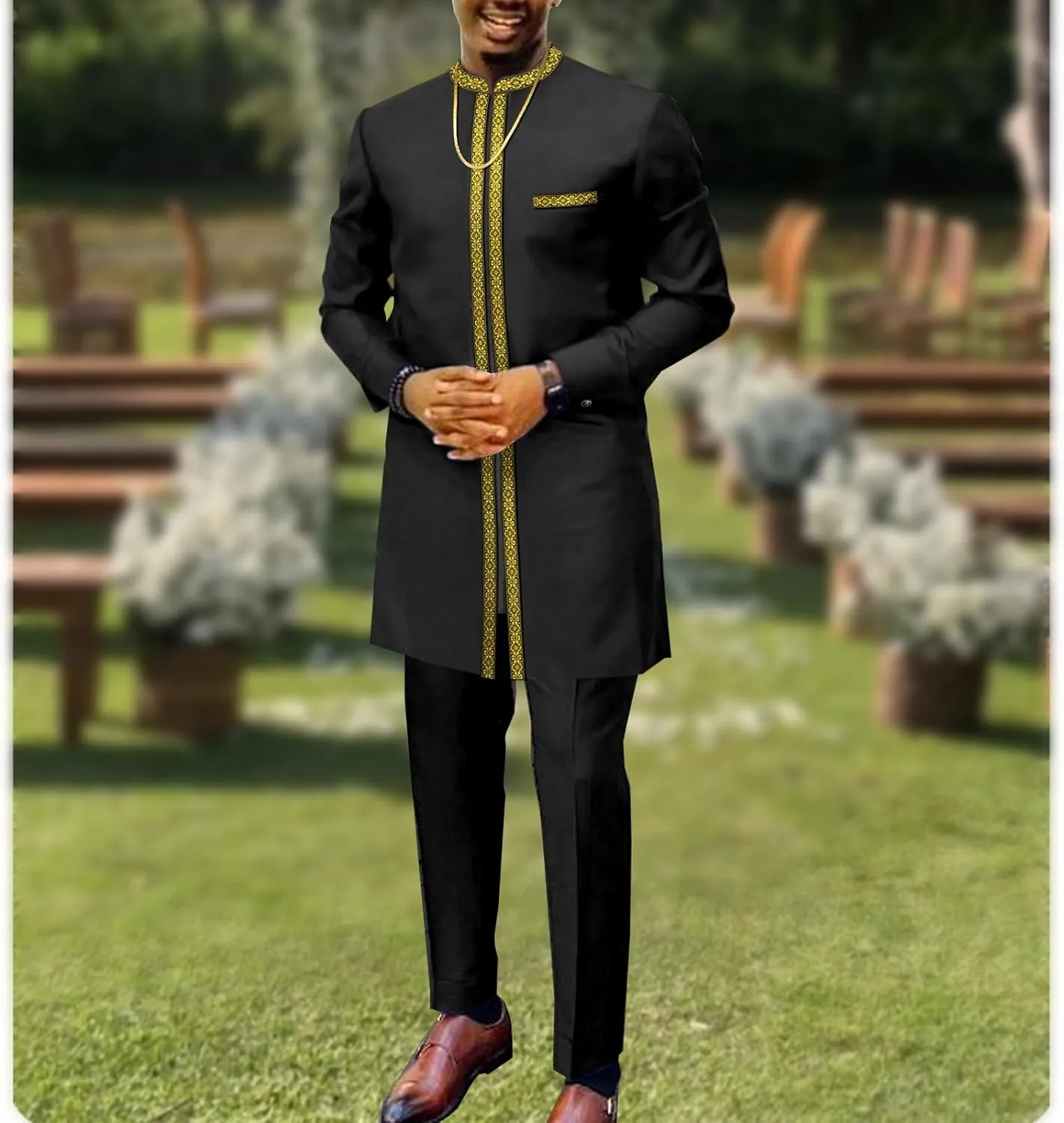 African Suit for Men Dashiki Shirt Pants 2 Piece Set Gold Embroidery Party Outfits Ethnic Tribal Attire