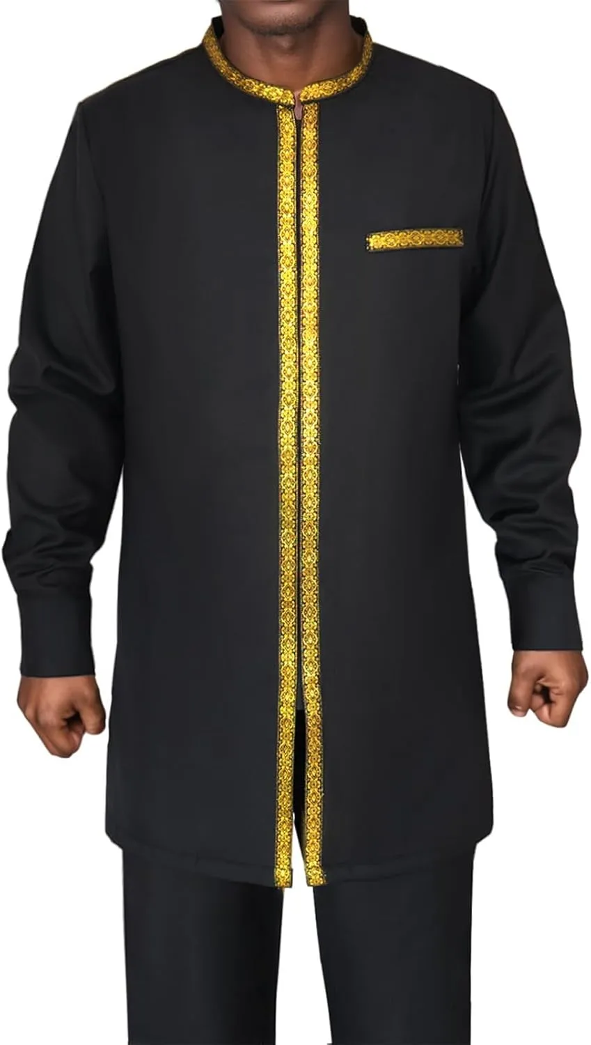 African Suit for Men Dashiki Shirt Pants 2 Piece Set Gold Embroidery Party Outfits Ethnic Tribal Attire
