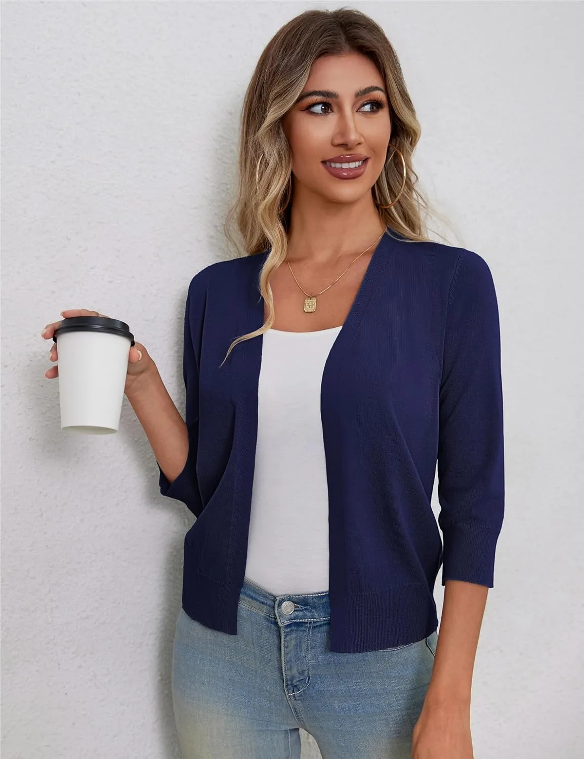 a.Jesdani Women's 3/4 Sleeve Shrugs Open Front Cropped Sweater Cardigan