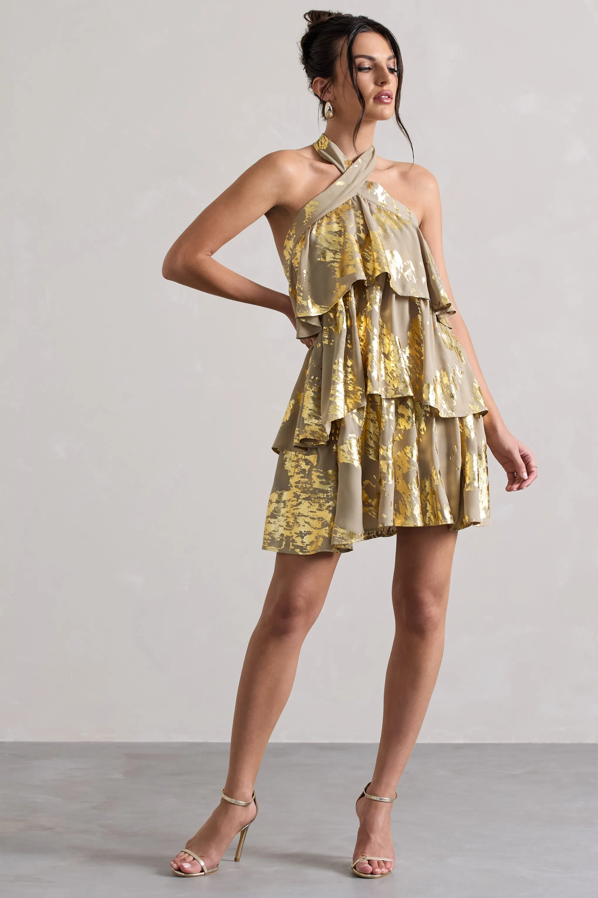 Alecia | Metallic Gold Halter-Neck Ruffle Mini Dress