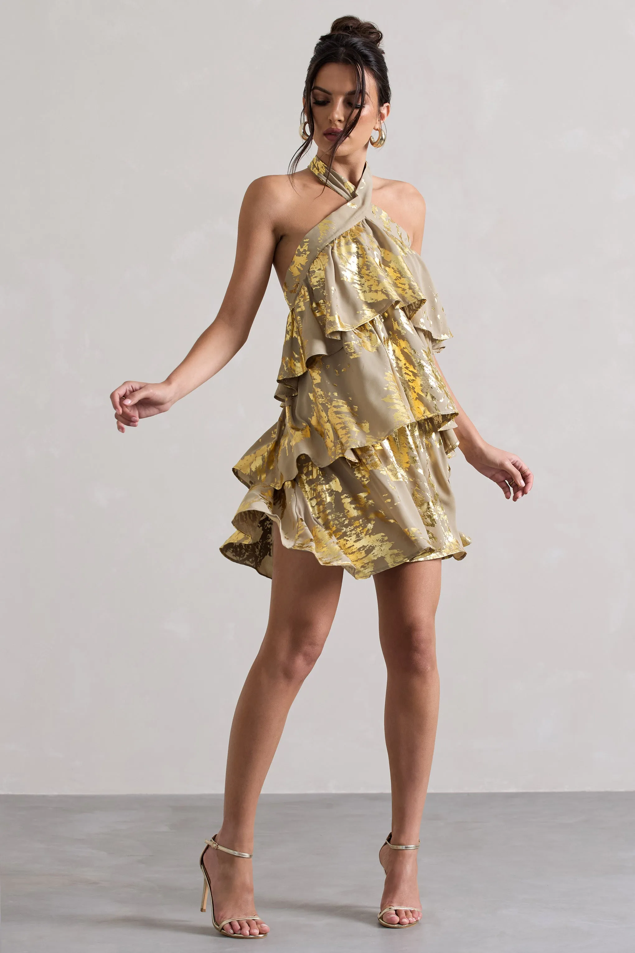 Alecia | Metallic Gold Halter-Neck Ruffle Mini Dress
