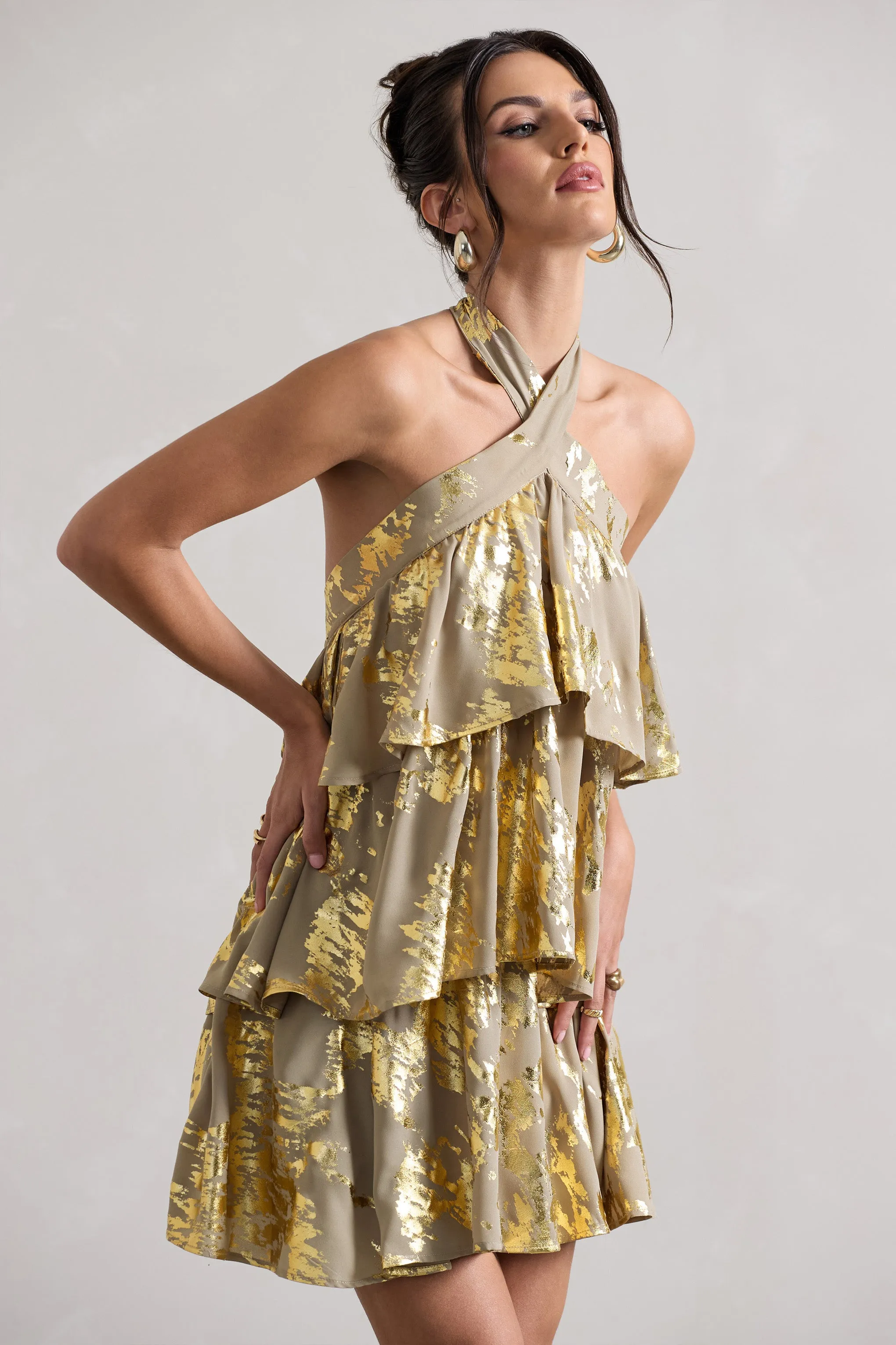 Alecia | Metallic Gold Halter-Neck Ruffle Mini Dress