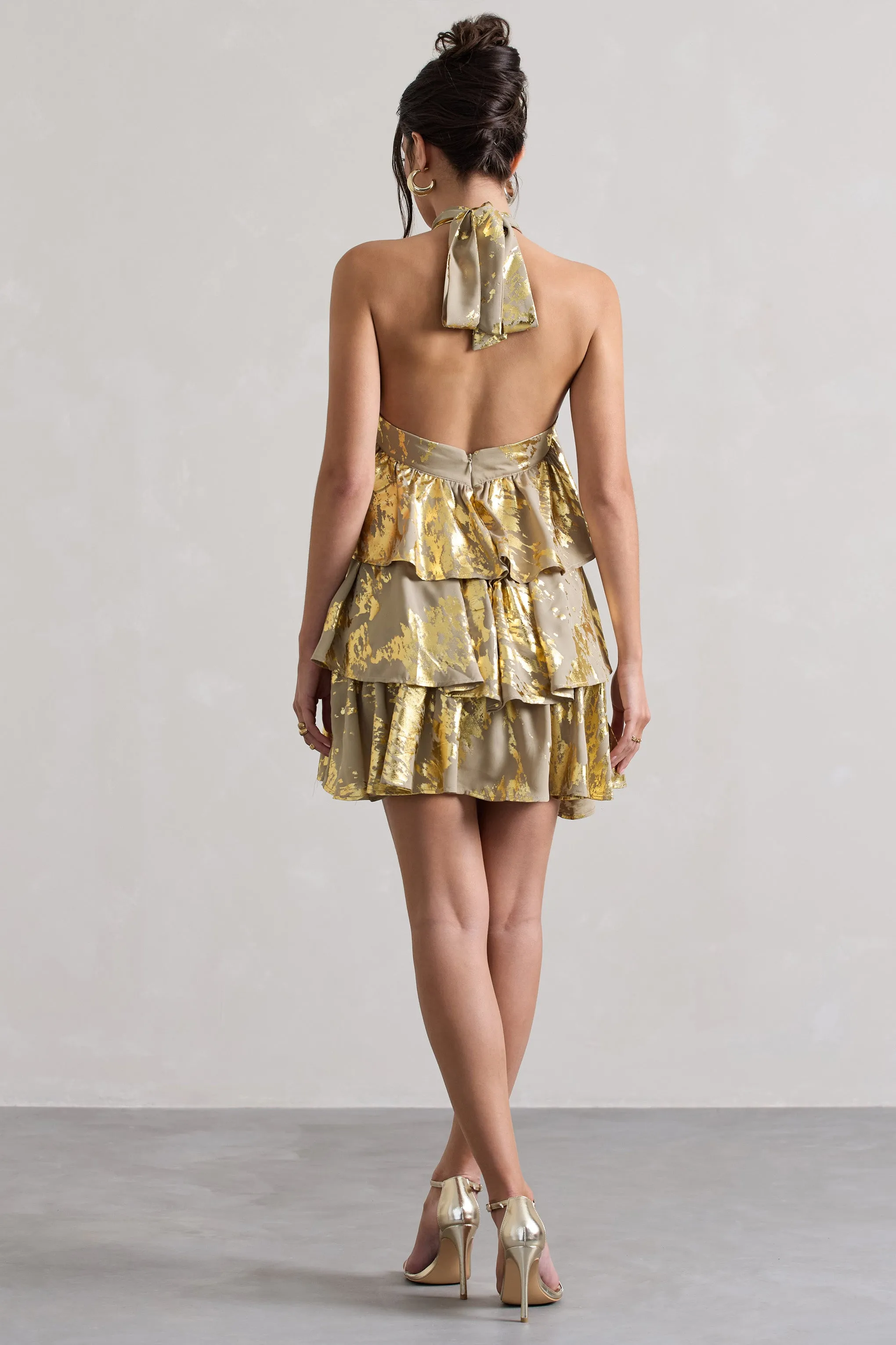 Alecia | Metallic Gold Halter-Neck Ruffle Mini Dress