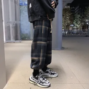 All-match Hong Kong-style casual loose-fit check pants
