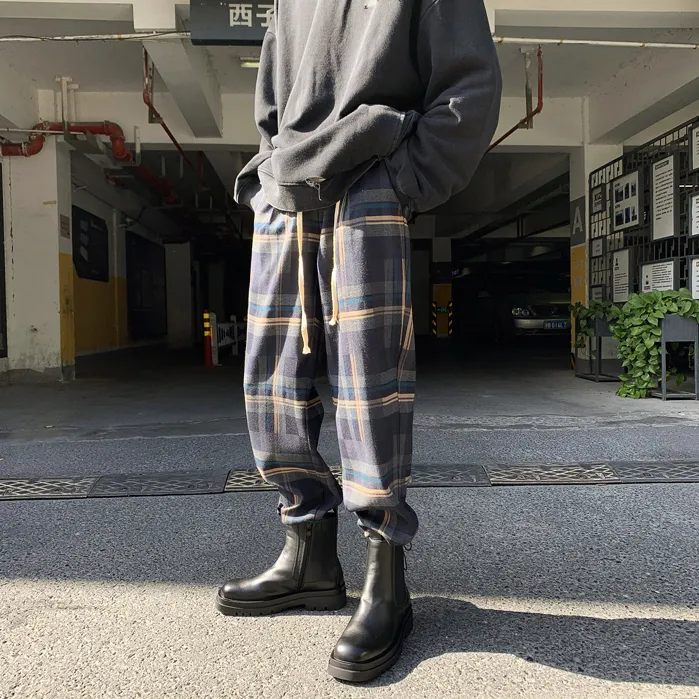 All-match Hong Kong-style casual loose-fit check pants