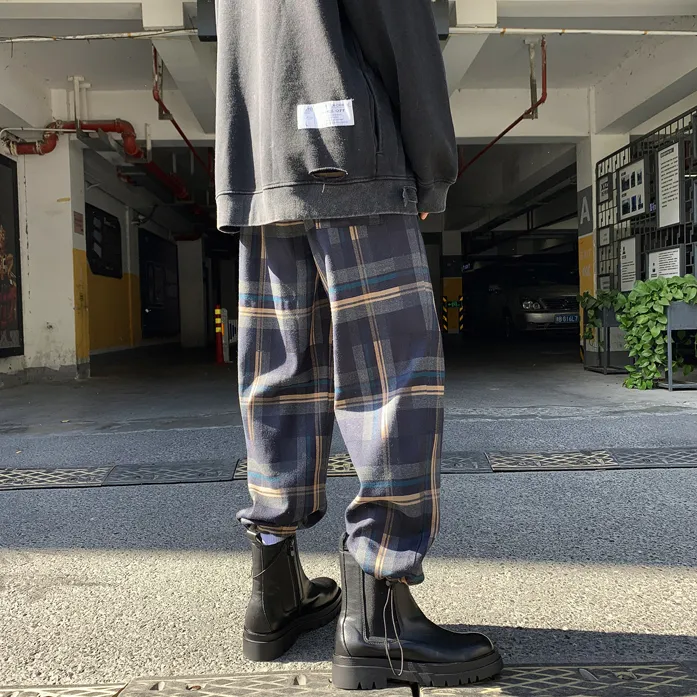 All-match Hong Kong-style casual loose-fit check pants