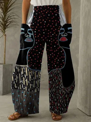 Artistic black polka dot ethnic style fashion printed casual trousers