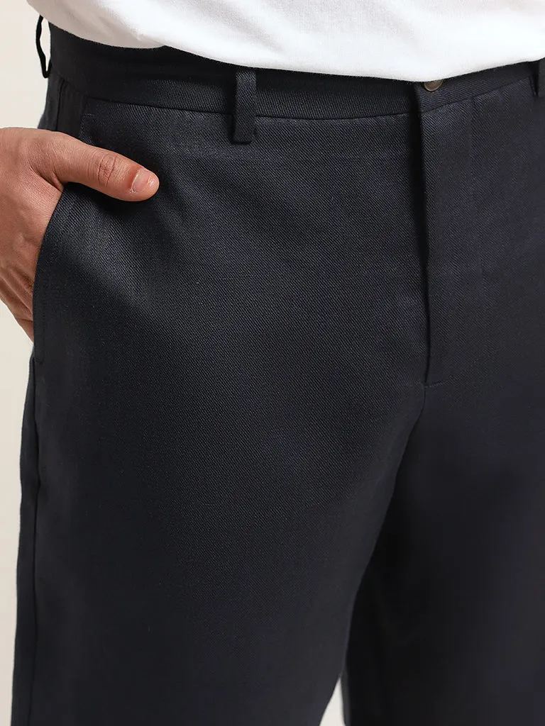 Ascot Solid Navy Mid Rise Relaxed Fit Linen Shorts