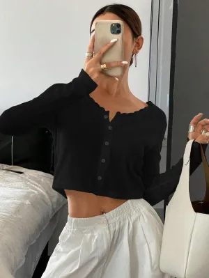 BAIGRAM Women Long Sleeve Button Down Open Front V Neck Crop Cardigan Shirt Y2K Lace Patchwork Pointelle Knit Minimalist Tops
