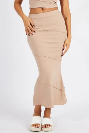 Beige Midi Skirt Bodycon High Rise Rib Jersey