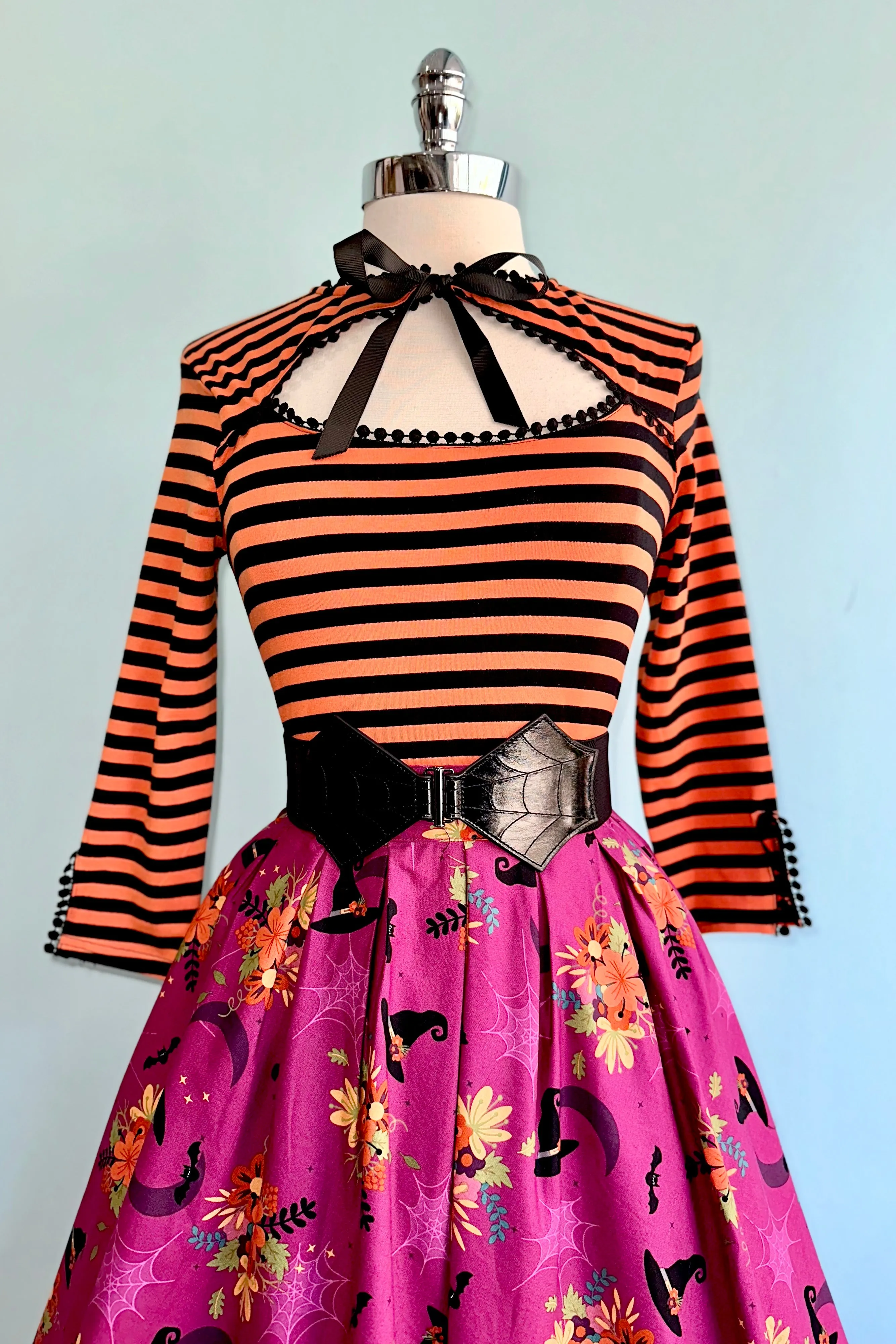 Black and Orange Striped Cut-Out Neck Top