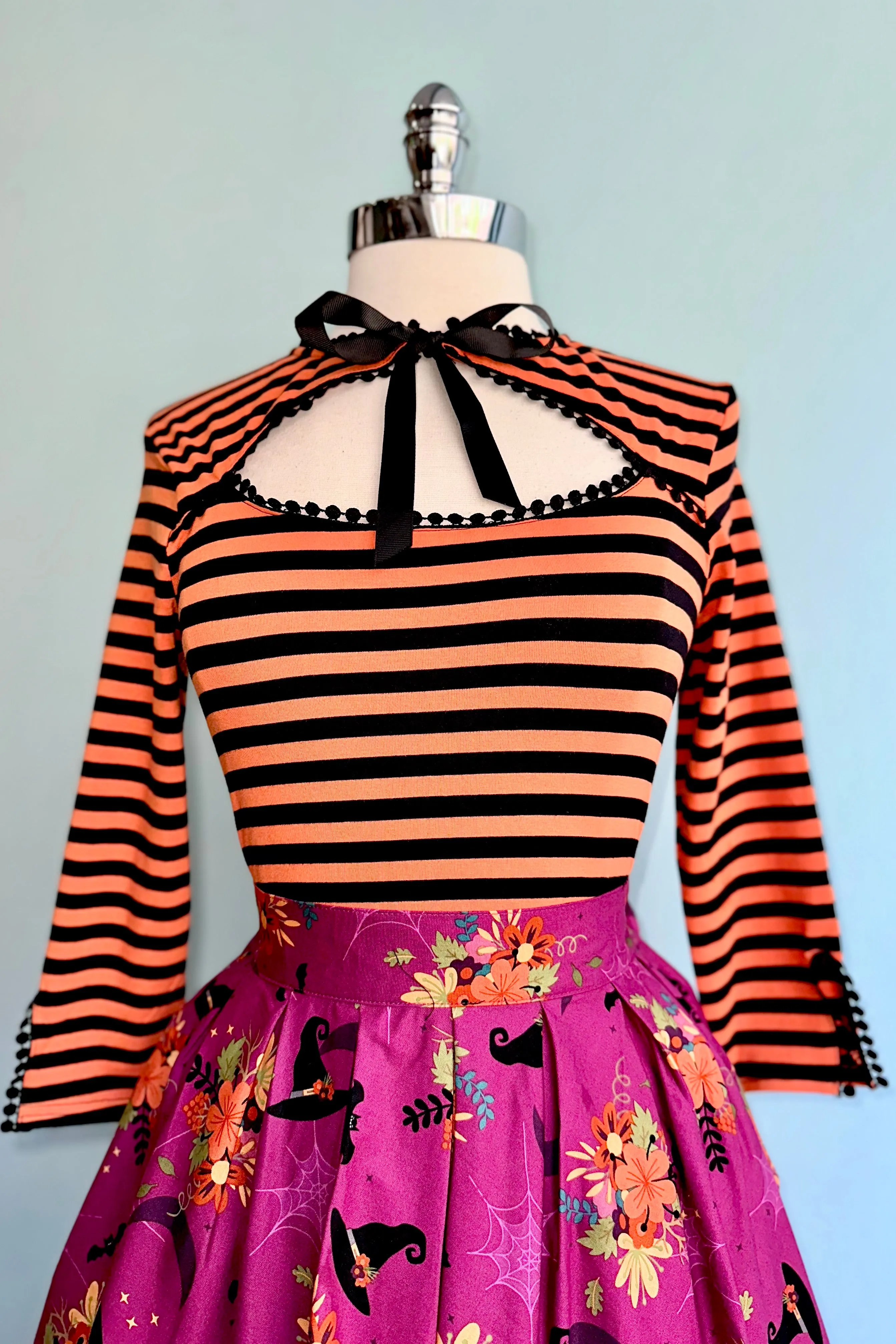 Black and Orange Striped Cut-Out Neck Top