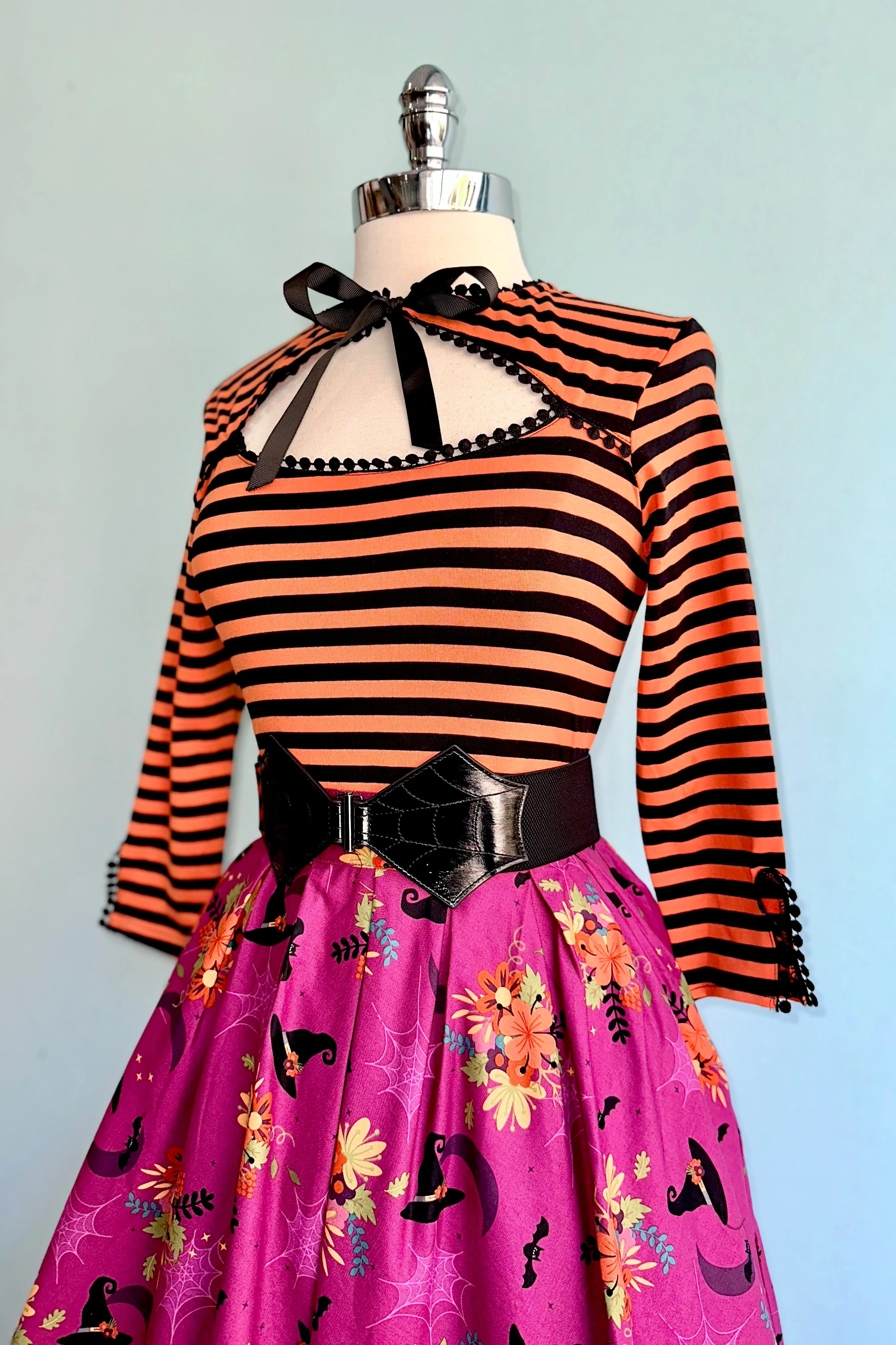 Black and Orange Striped Cut-Out Neck Top