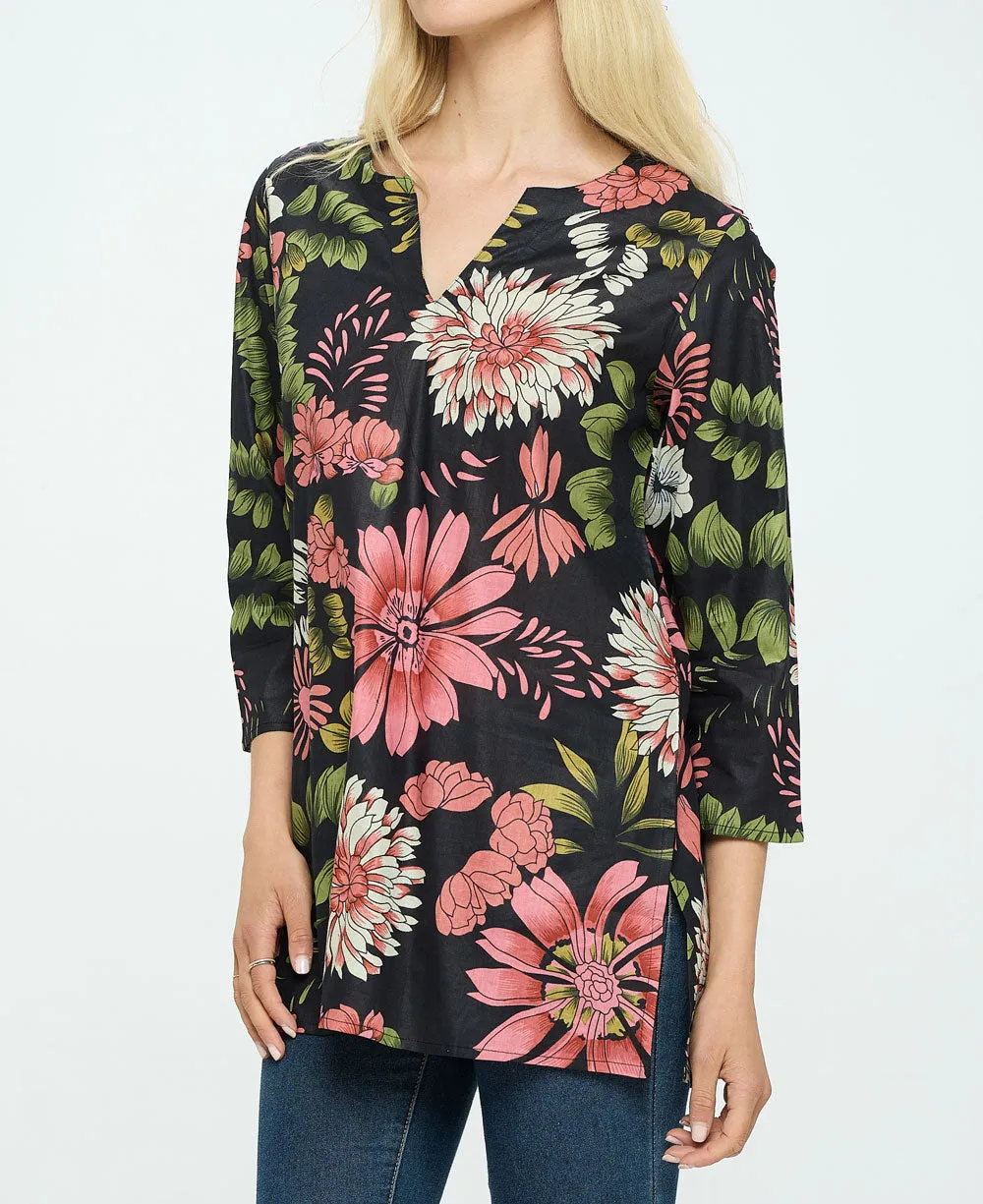 Black And Pink Floral Cotton Tunic Top